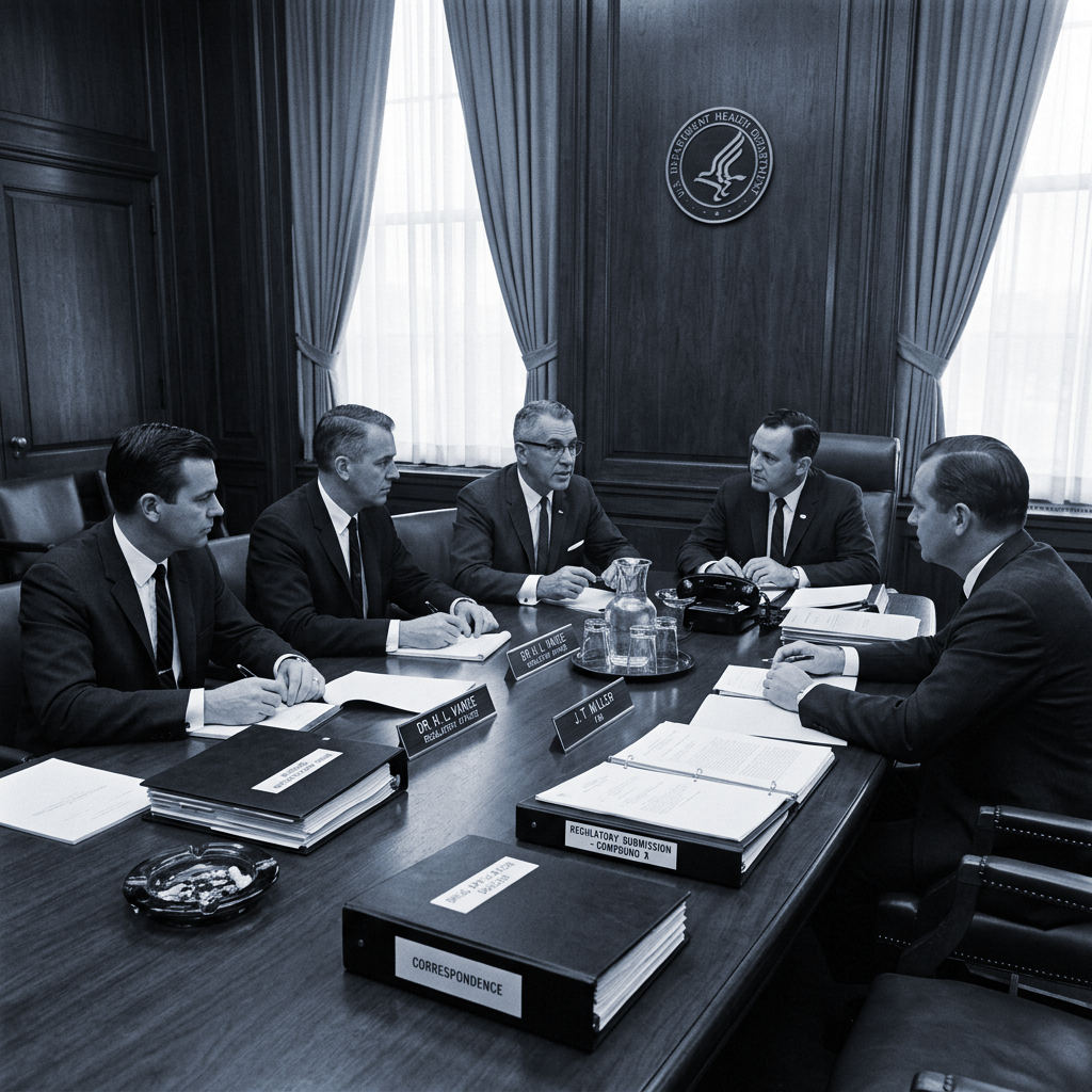 Pharmaceutical executives in a formal meeting with government officials and representatives of regulatory agencies