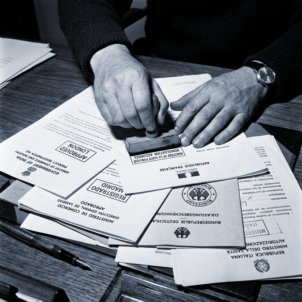 Registration documents from various countries are officially stamped