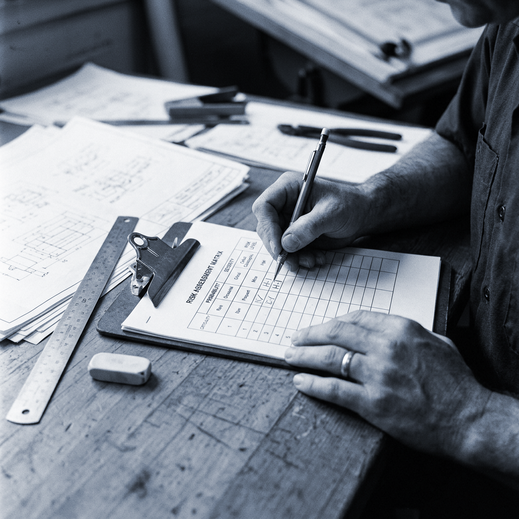 An engineer fills out a risk assessment matrix with a pencil