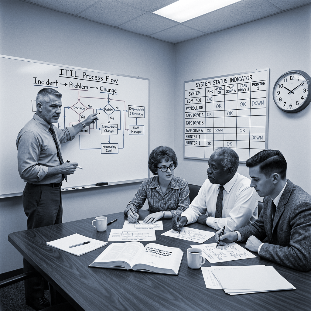 IT operations manager discusses ITIL process flow with the team at the whiteboard